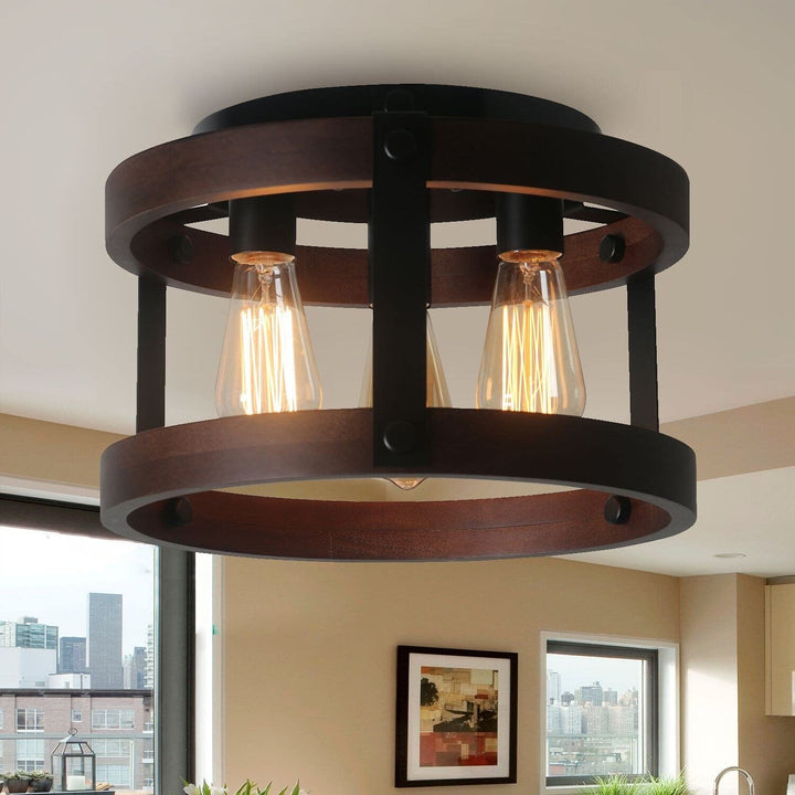 Farmhouse 13.4-in. Wood Caged Square Flush Mount Ceiling Light 13.8*13.8*9h - Diamond Home USA