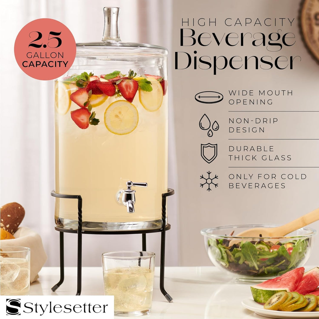 Style Setter Beverage ispenser with Stand - 2.5 Gallon Large Countertop Glass - Diamond Home USA