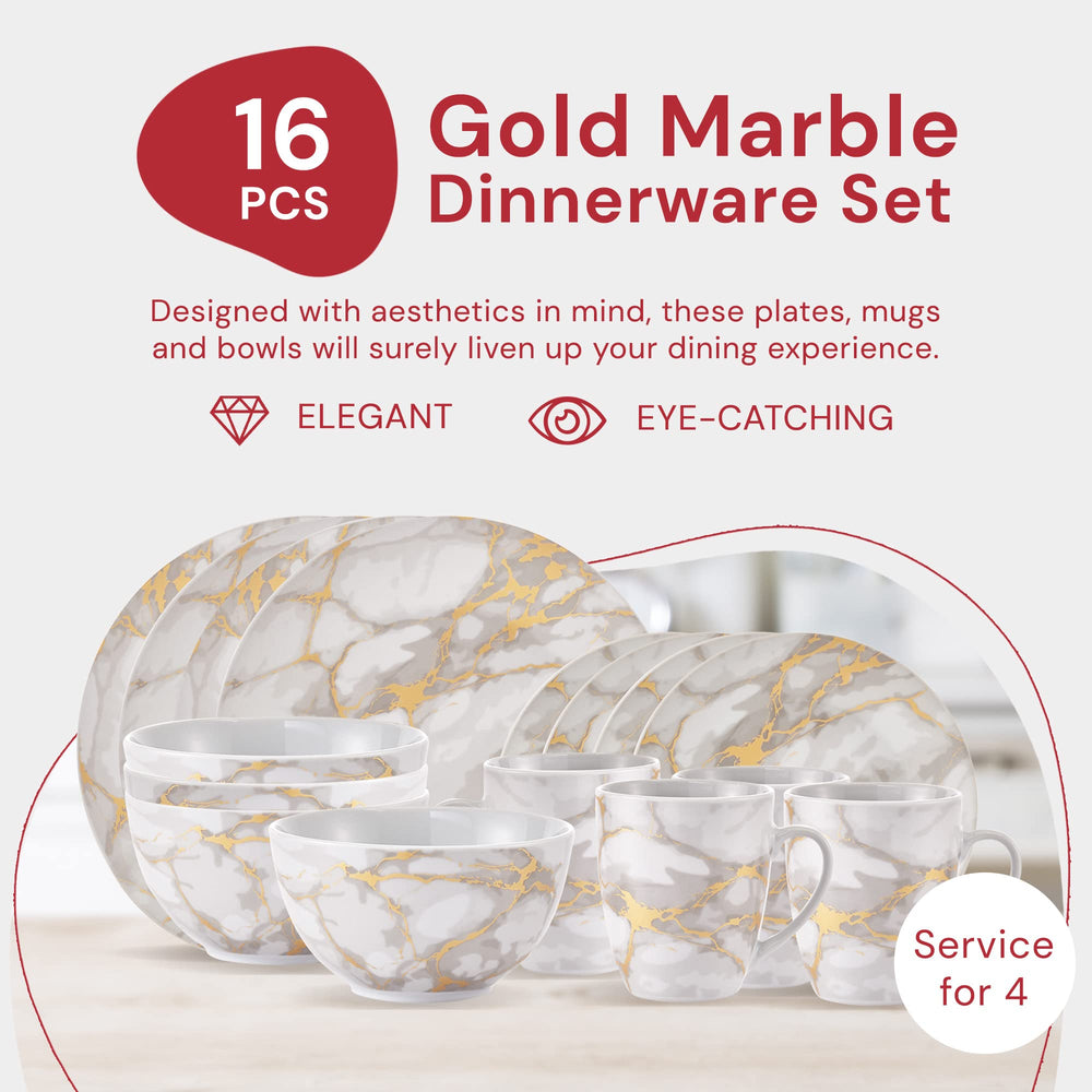 Safdie & Co. - Gold Marble Plates and Bowls Sets Modern Kitchen 16-Piece - Diamond Home USA