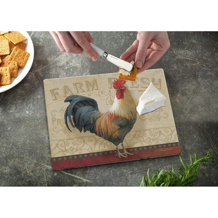 Glass Cutting Board Counter Saver 10" X 8" Farm Fresh Rooster Multi Color - Diamond Home USA