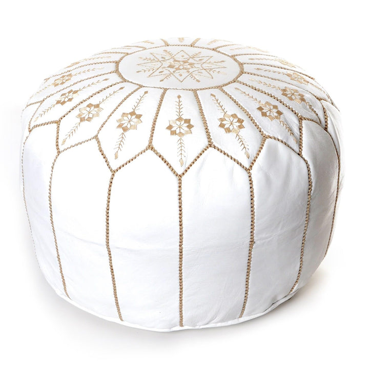 Moroccan Flower Leather Pouf Round White Embroidered Ottoman (Morocco)
