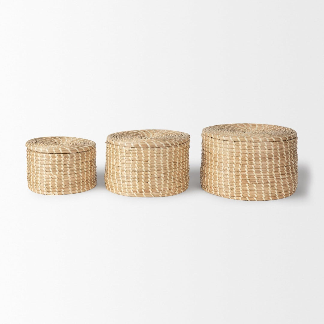 Light Brown Seagrass Palm Leaf Round Nesting Boxes W/Lids (Set Of 3) Beach - Diamond Home USA