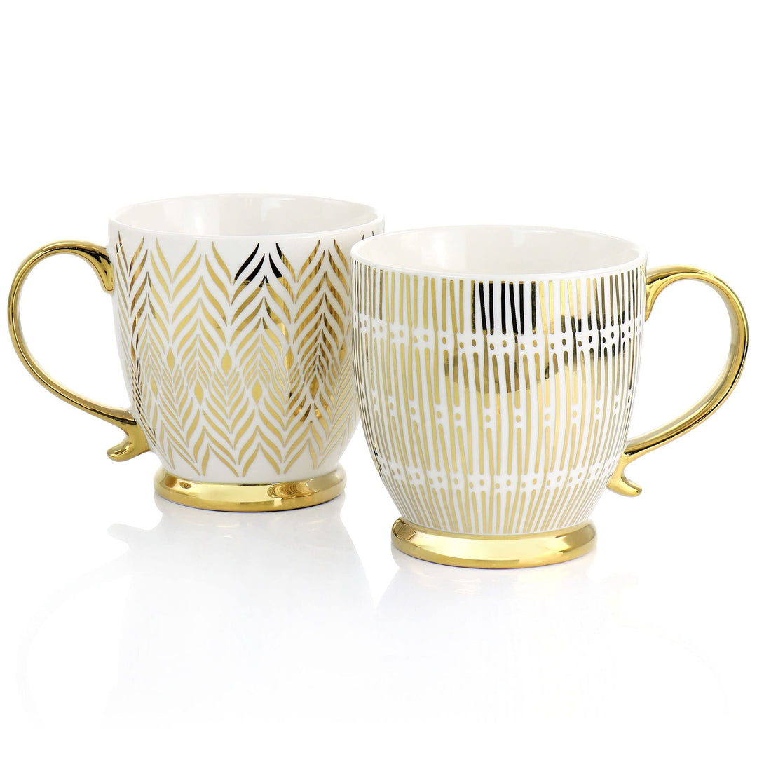Gold 4 Piece 16.7oz Electroplated Fine Ceramic Mug Set Stripe Formal Round - Diamond Home USA
