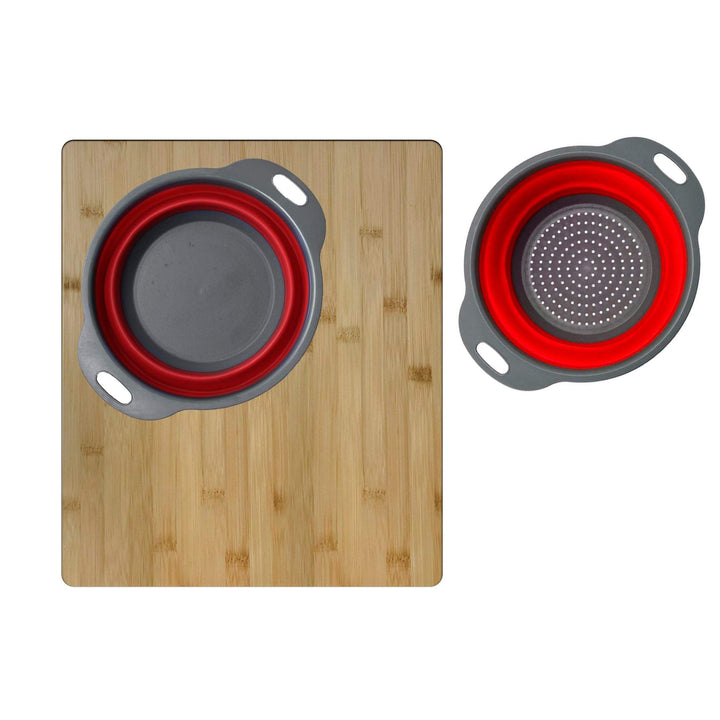 Over The Sink Large Cutting Board with Colander Set Brown Rectangle Bamboo - Diamond Home USA