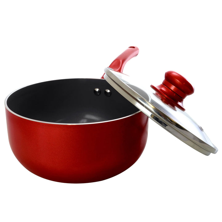 1.5 Quart Ceramic Coated Saucepan in Red with Glass Lid - Diamond Home USA