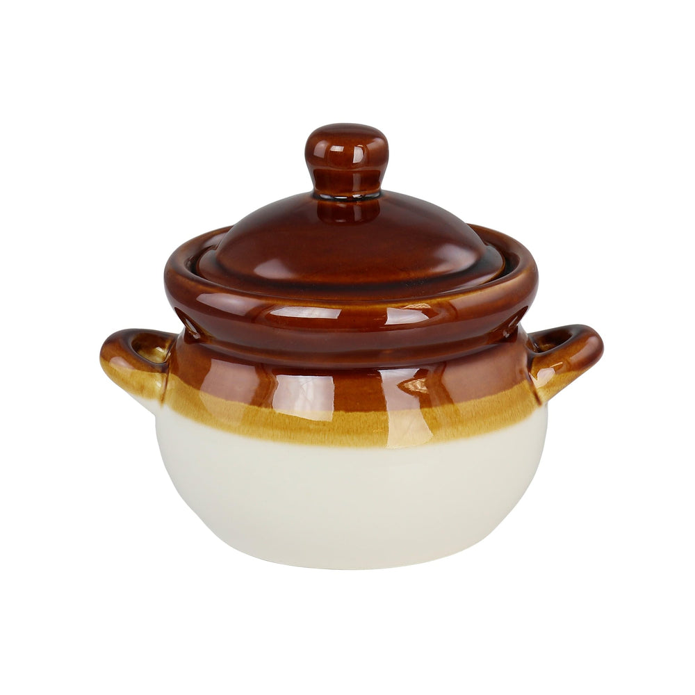 4 Piece Double Handle 15 Ounce French Onion Soup Bowl With Lid Brown Banded - Diamond Home USA