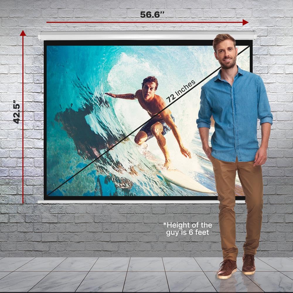 Pyle Manual Pull-Down Projector Screen - Universal 72-inch Roll-Down Retractable - Diamond Home USA