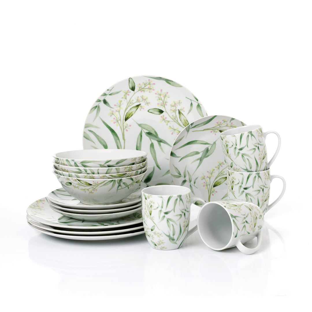 16pcs Coupe Shape Dinnerware With Full Bamboo Decal In Green Color Service For 4