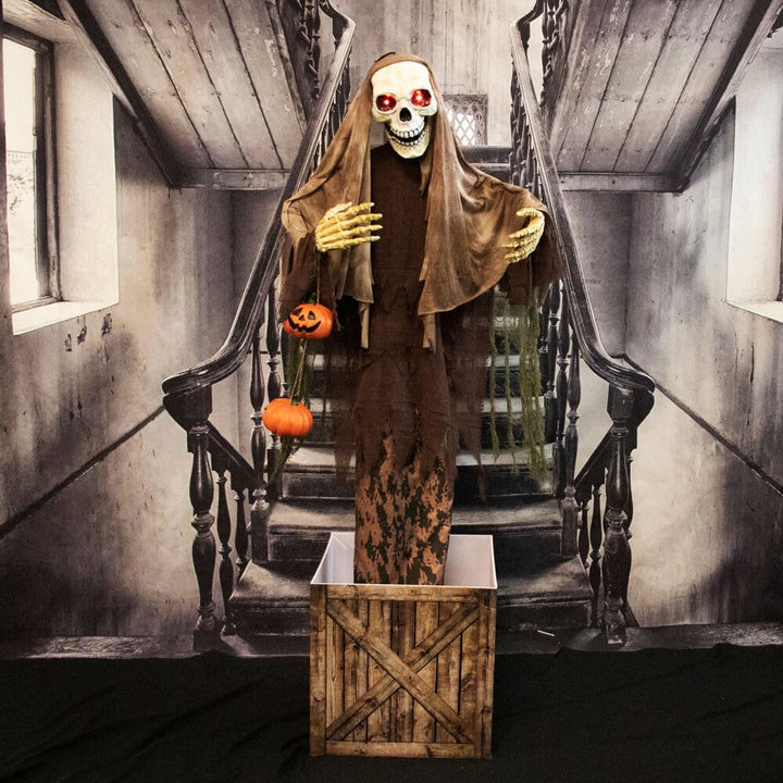 Hunted Hill Frm Skeleton in Box Hlloween Animtronic with Movement Sounds - Diamond Home USA