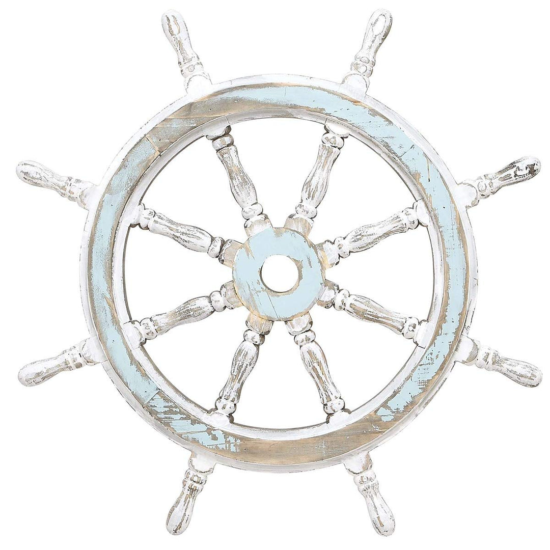 24 x 24 x 2 White Blue Nautical Themed Wooden Ship Wheel Coastal Wood Wall Decor