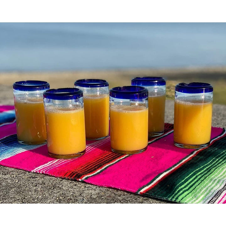 Hand Blown Mexican Drinking Glasses Set Of 6 Juice With Cobalt Blue Rims (8 Oz - Diamond Home USA