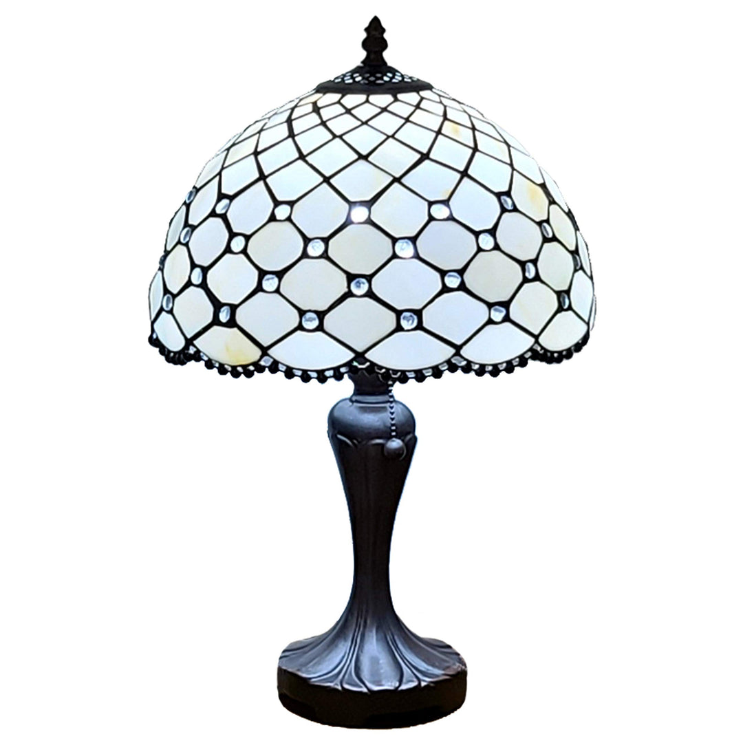Tiffany Style Table Lamp Banker Jeweled Beaded 19" Tall Stained Glass White - Diamond Home USA
