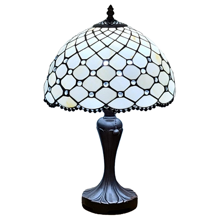 Tiffany Style Table Lamp Banker Jeweled Beaded 19" Tall Stained Glass White - Diamond Home USA