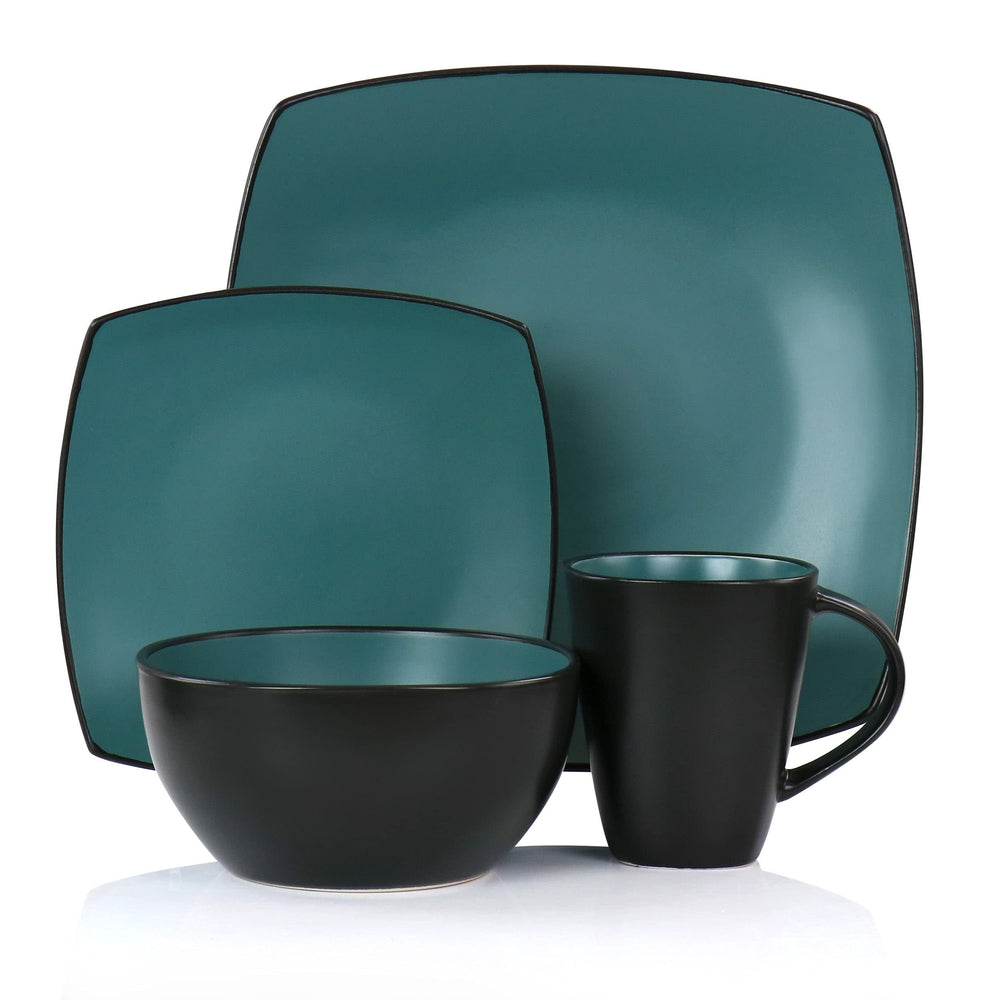 16pc Square Stoneware Dinnerware Set In Teal Green Solid Casual 16 Piece - Diamond Home USA