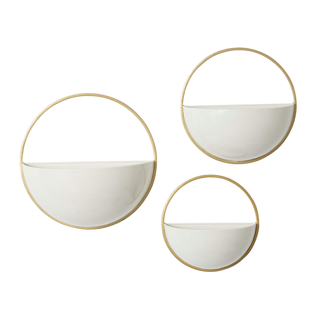 Round White and Gold Metal Wall Planters Set of 3 9" 11" 13" 12 X 6 12round 9", 11", 13"H - White