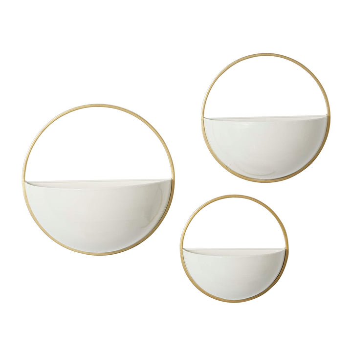 Round White and Gold Metal Wall Planters Set of 3 9" 11" 13" 12 X 6 12round 9", 11", 13"H - White