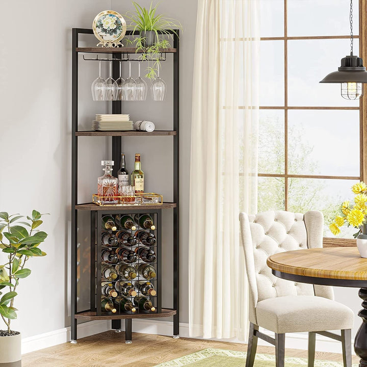 4 Tier Corner Wine Rack with Glass Holder and Bar Shelf Storage Brown Industrial - Diamond Home USA