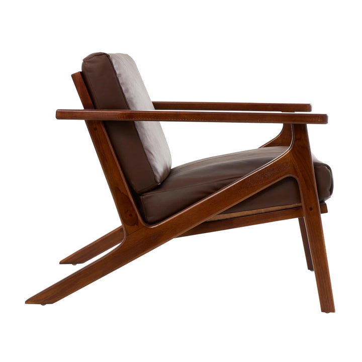 Dark Brown Leather Mid-Century Accent Chair with Teak Wood Frame Solid - Diamond Home USA