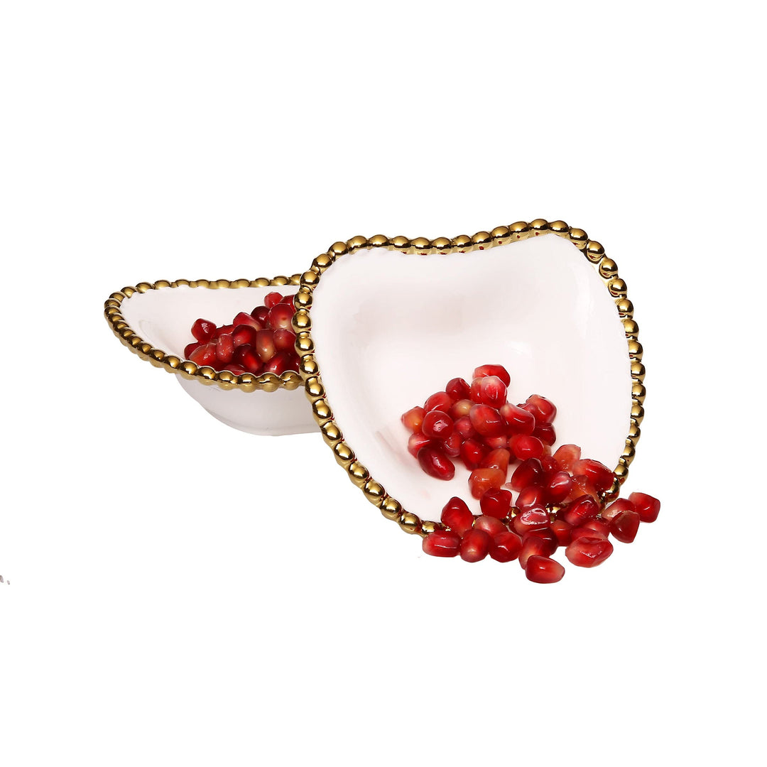 9.5" l Set Of 2 Gold White Porcelain Apple Shaped Dishes Solid Modern