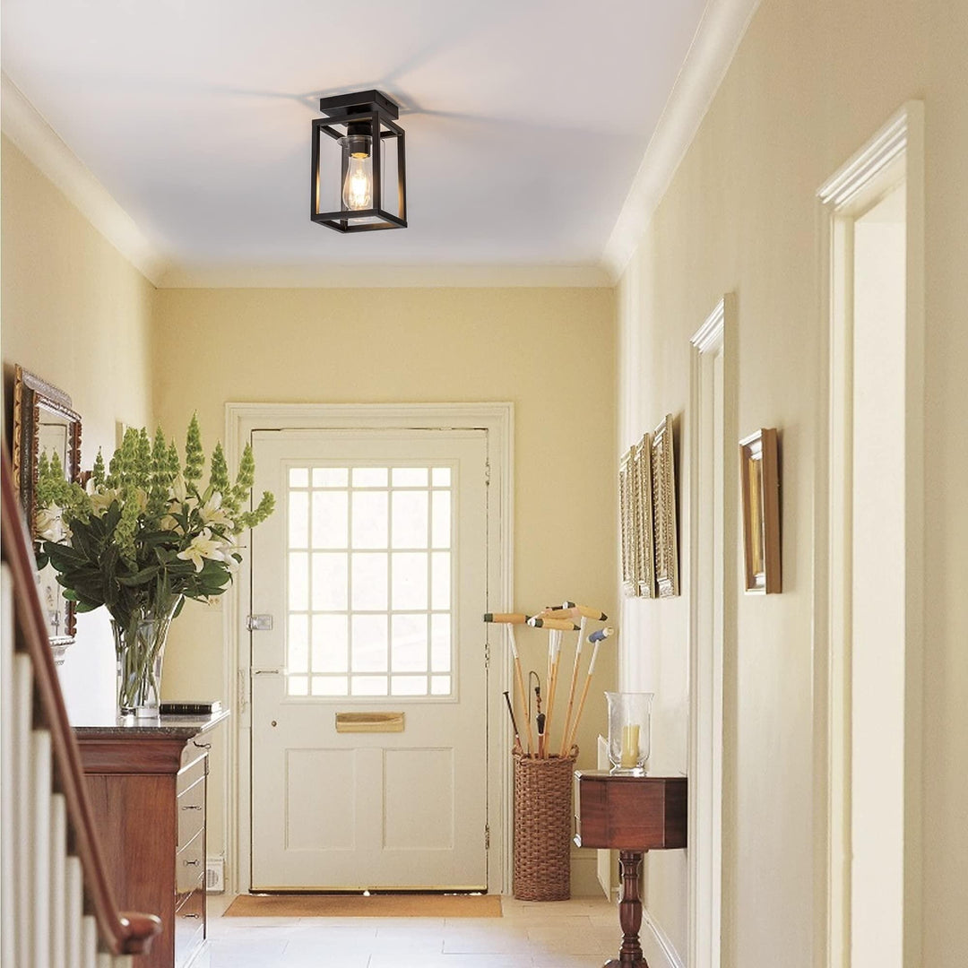 1-Light Black Farmhouse Industrial Retro Cage Semi Flush Mount with Glass - Diamond Home USA