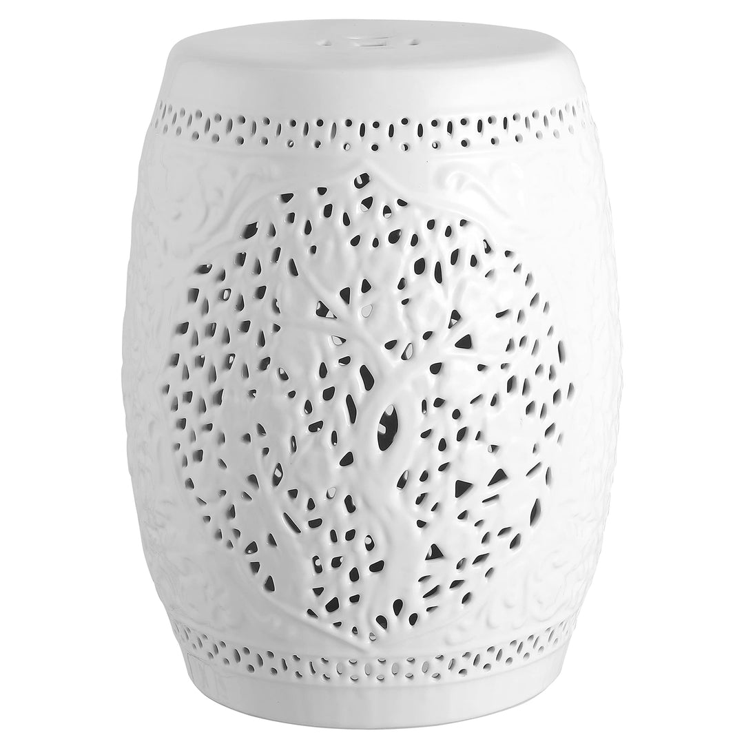 Tree of Life 18" Ceramic Garden Stool White Glam Transitional Glossy - Diamond Home USA