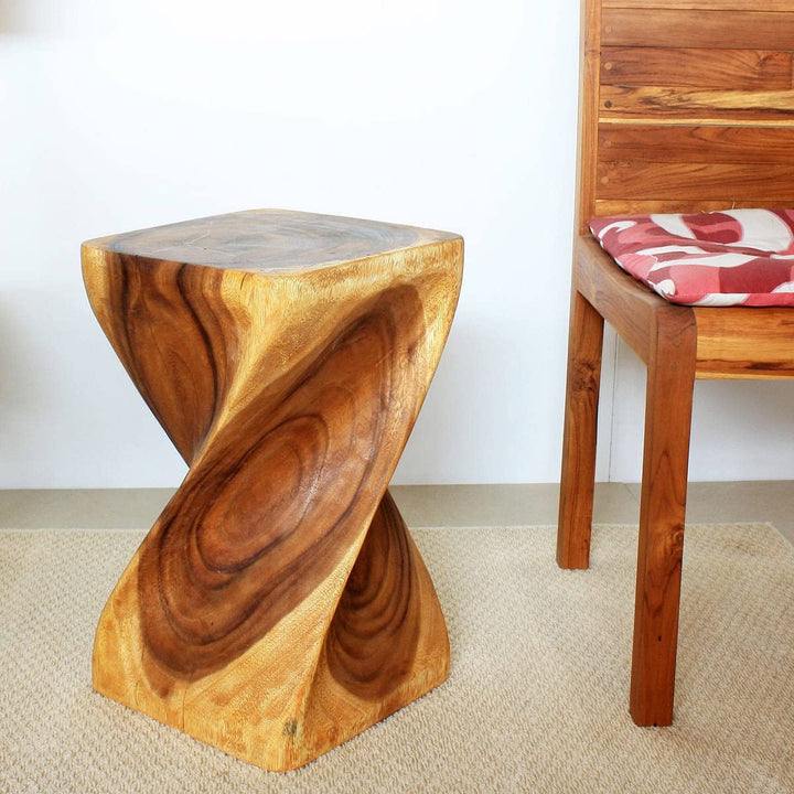 Big Twist Wood Stool Table 12 in Sq X 20 H Oak Oil Brown Gold Modern - Diamond Home USA