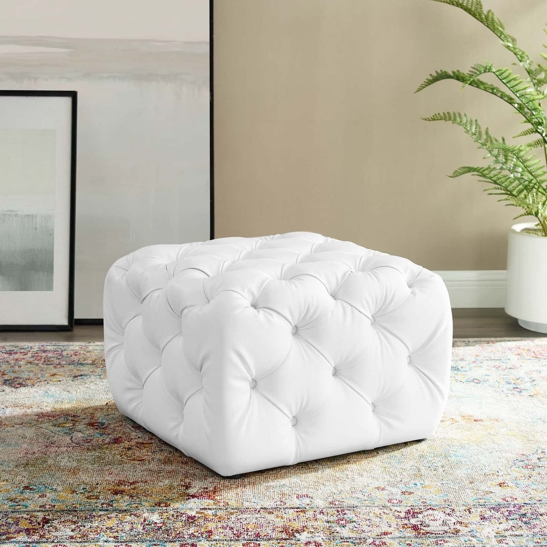 Tufted Button Square Leather Ottoman White Mid-Century Modern Solid Wood
