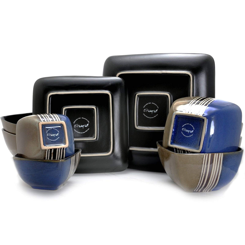 Lounge 16 Piece Squared Dinnerware Set Blue Stripe Casual Square Stoneware - Diamond Home USA