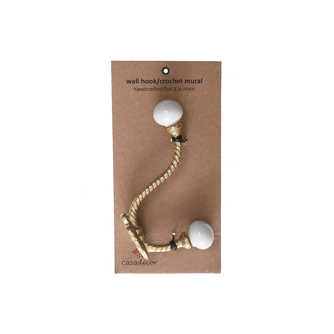 Iron Twist Hook with Ceramic Ivory Knob (Gold) Set of 4 Gold Classic Metal Matte - Diamond Home USA