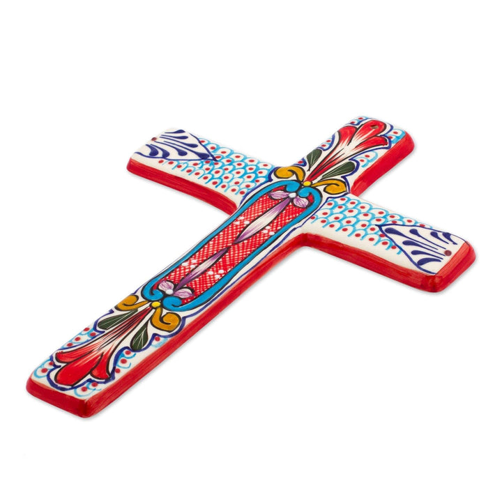 Ceramic Wall Cross 'Red Lily' Multi Color Modern Contemporary Antique Handmade - Diamond Home USA