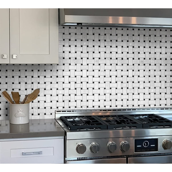 5 Pack 12-in X White and Black Basketweave Polished Marble Mosaic Floor Wall - Diamond Home USA