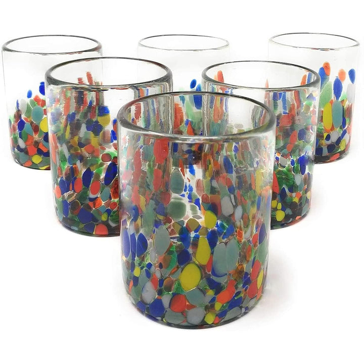 Hand Blown Mexican Drinking Glasses Set Of 6 Confetti Tumbler (10 Oz Each) Multi
