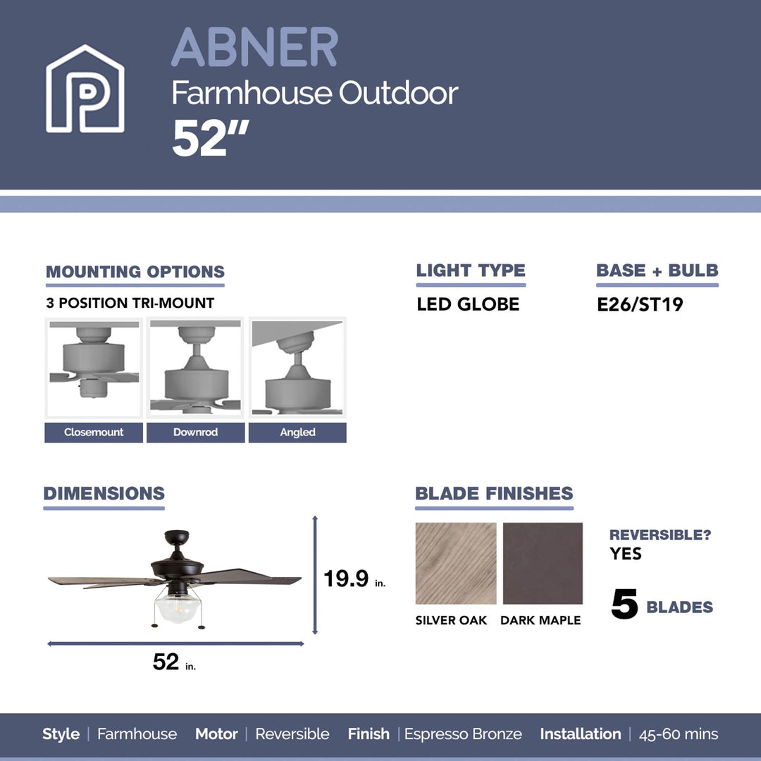 Prominence Home Abner 52 Inch Modern Farmhouse Indoor Outdoor LED Ceiling Fan - Diamond Home USA