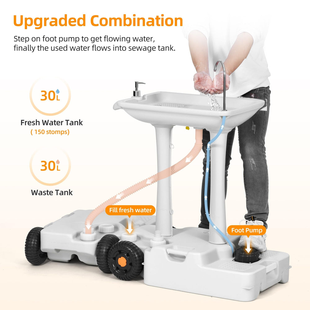 Portable Sink Camping 30l with Rolling heels Hand ashing Station Sewage Tank - Diamond Home USA