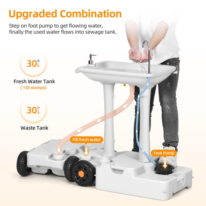 Portable Sink Camping 30l with Rolling heels Hand ashing Station Sewage Tank - Diamond Home USA