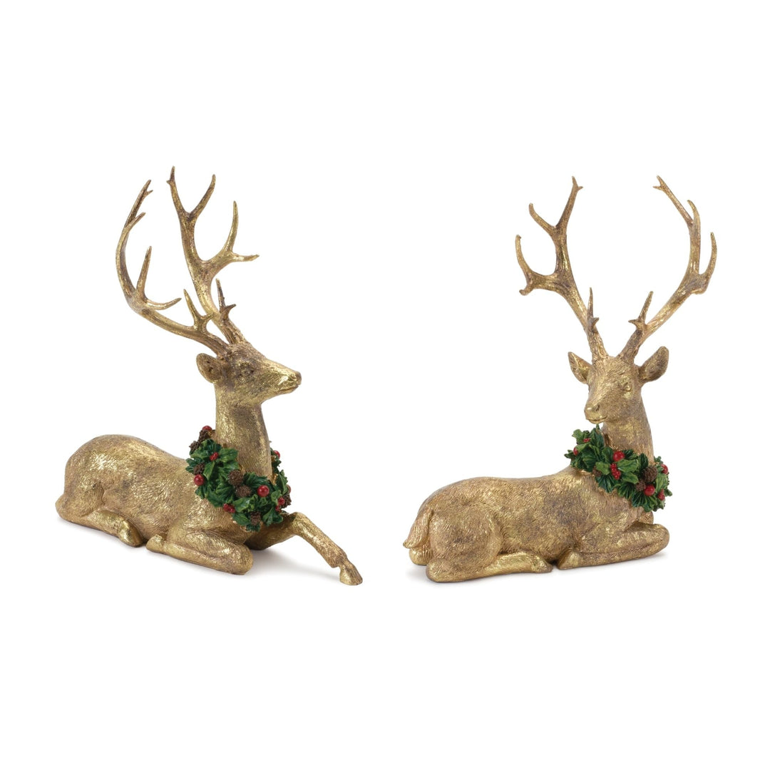 Laying Deer Figurine with Wreath (Set of 2) Gold Resin Resin Gold