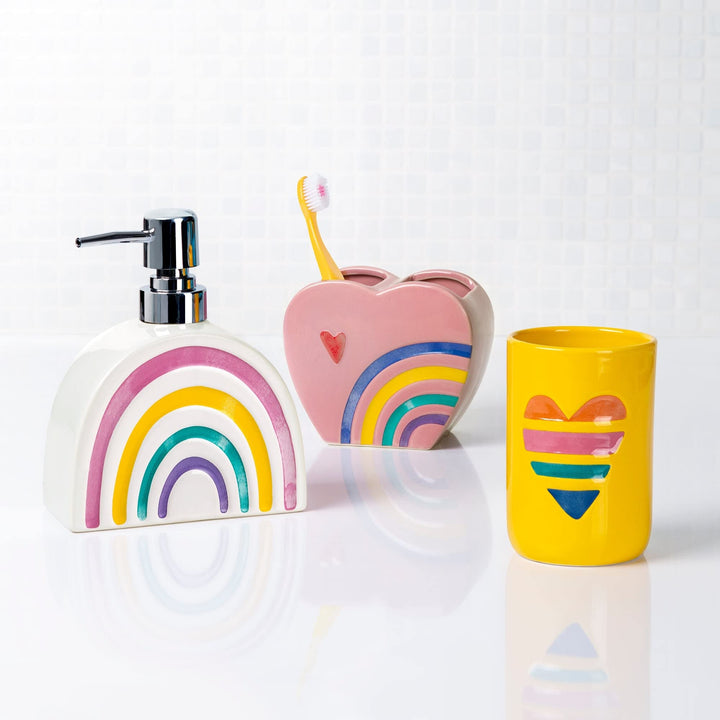 Rainbow Hearts 3pc Lotion Pump/Toothbrush Holder/Tumbler Bath Accessory - Diamond Home USA