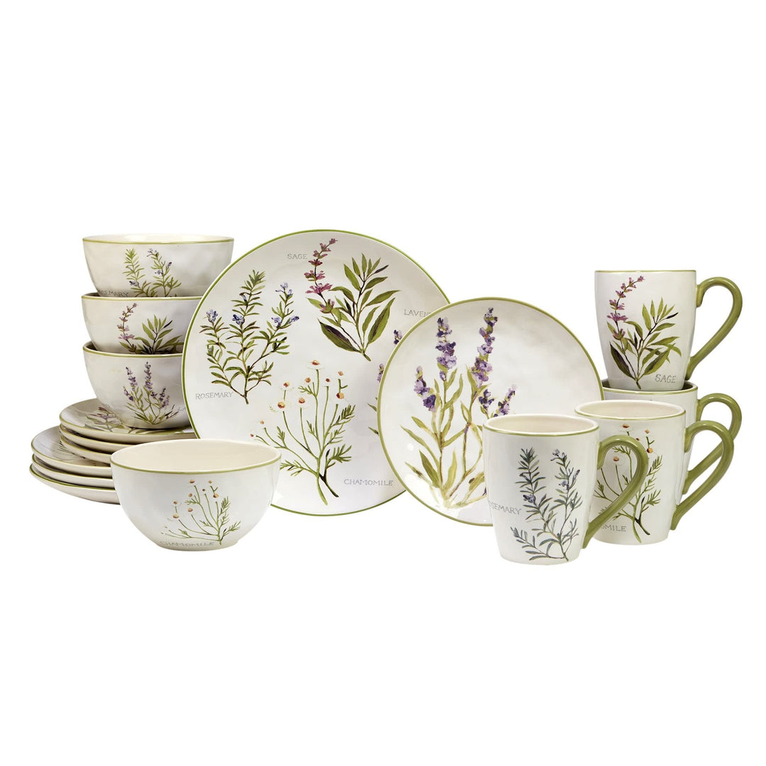 Fresh Herbs 16-piece Dinnerware Set Service For 4 Green Multi Color Off/White