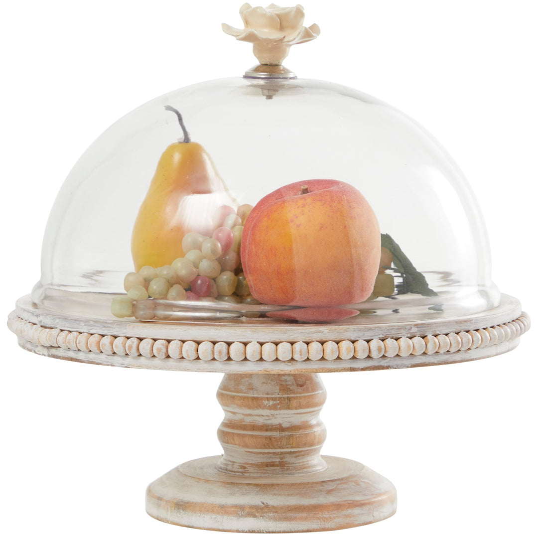 Cream Mango Wood Cake Stand with Glass Dome 12" X - Diamond Home USA
