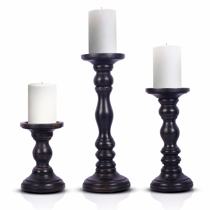 Set of Three Matte Black Genuine Wood Hand Carved Pillar Candle Holders 17" X 9"
