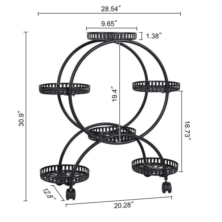 Flower Pot Holder Metal Plant Stand Shelf with 4-Wheel Black Classic Round Iron - Diamond Home USA