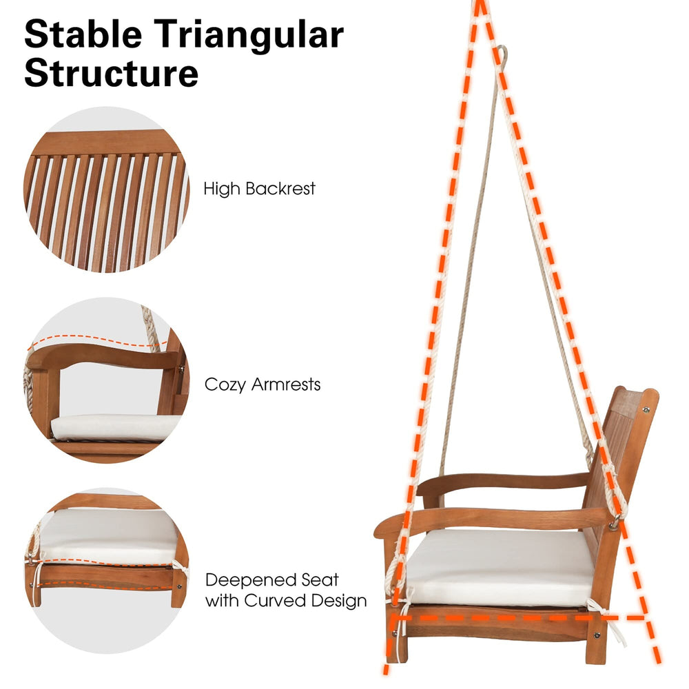 2-Person Hanging Porch Swing Wood Bench with Cushion Curved Back Brown - Diamond Home USA