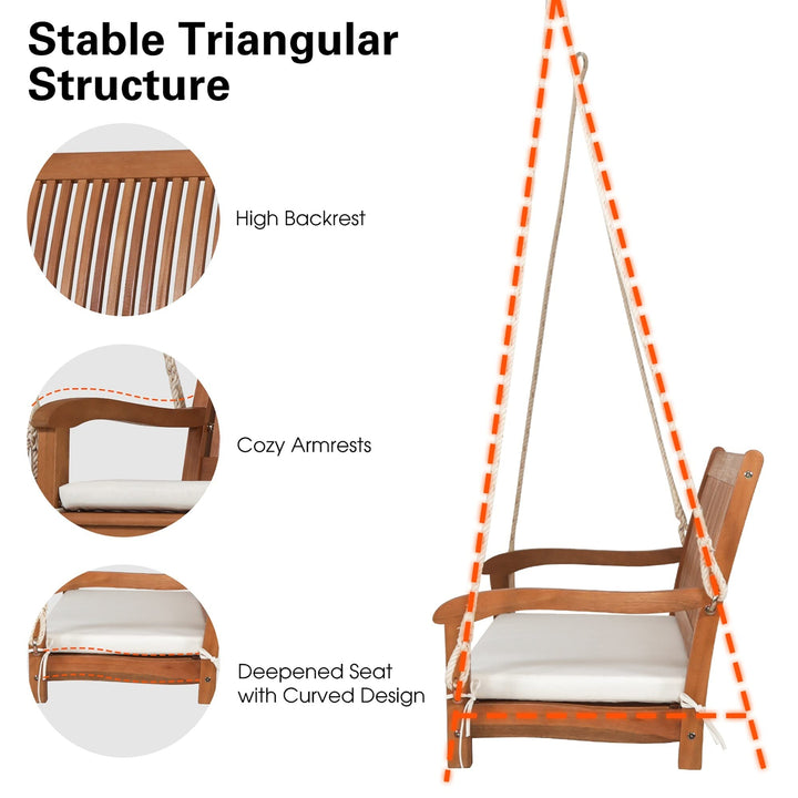 2-Person Hanging Porch Swing Wood Bench with Cushion Curved Back Brown - Diamond Home USA