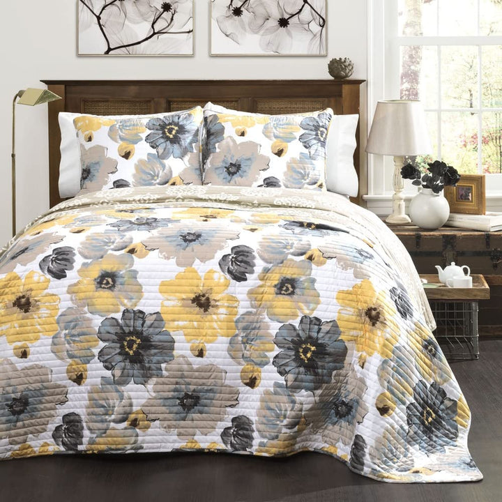 Maison Rouge Levine Reversible Floral/Damask 3-piece Quilt Set Yellow & Gray Yellow & Gray - King