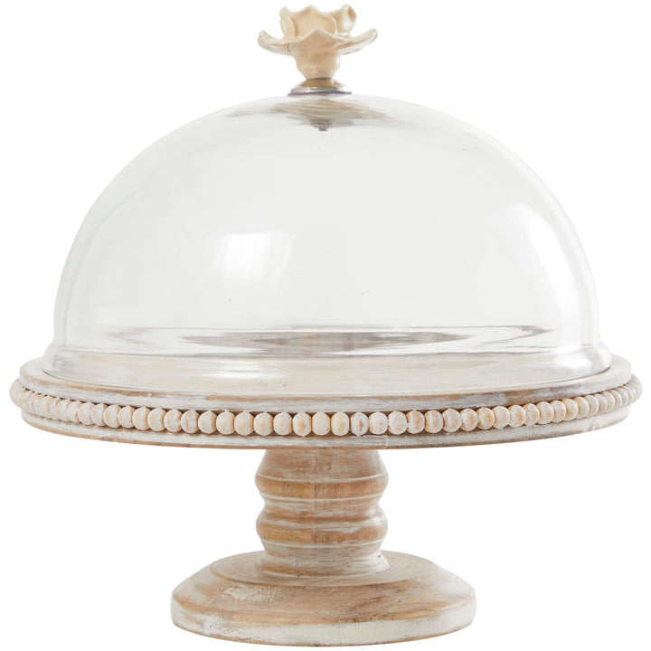 Cream Mango Wood Cake Stand with Glass Dome 12" X