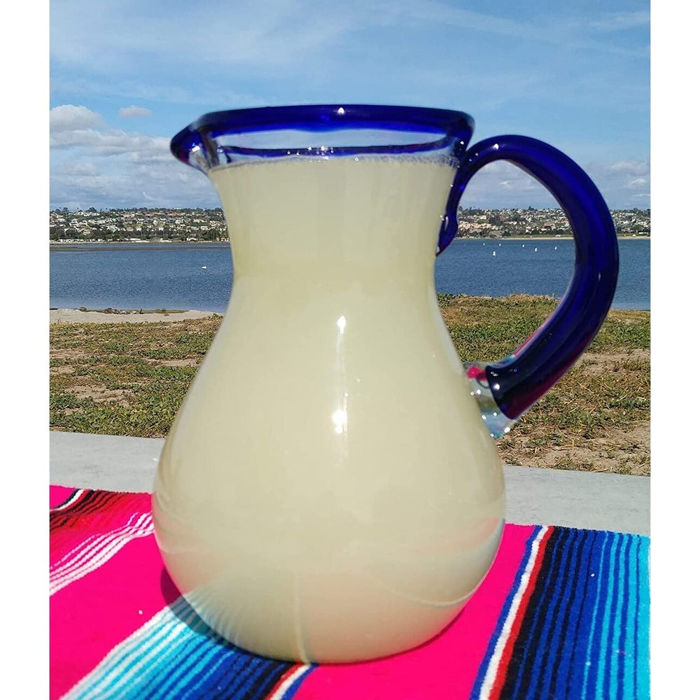 Dos Mexican Hand Blown Glass Pitcher Cobalt Blue Rim and Handle (84 Oz) - Diamond Home USA