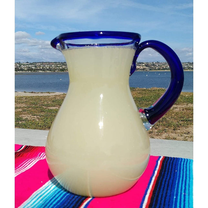 Dos Mexican Hand Blown Glass Pitcher Cobalt Blue Rim and Handle (84 Oz) - Diamond Home USA