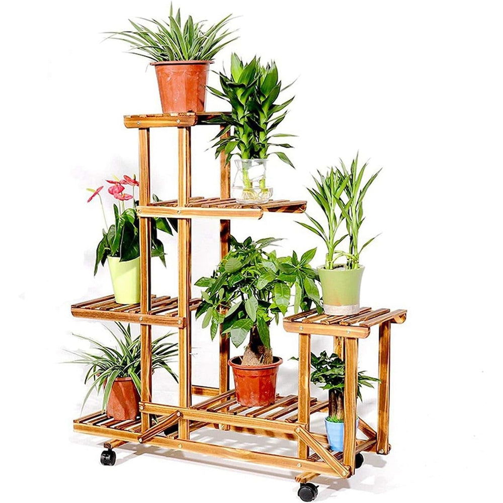 6 Tiered Wooden Plant Stand with Wheels Flowers Shelf Rolling Storage Rack Brown - Diamond Home USA