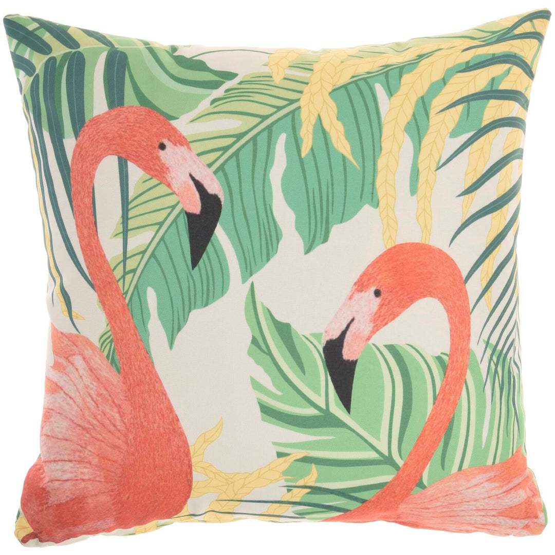 Mina Victory Fabric Indoor Outdoor Flamingo/Leaves Throw Pillow in Multi-Color