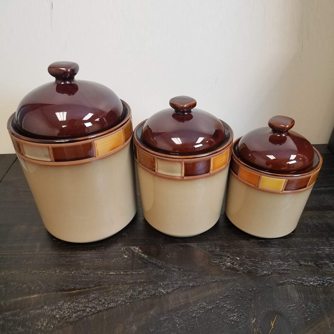 3 Piece Canister Set Brown Banded Stoneware Medium - Diamond Home USA
